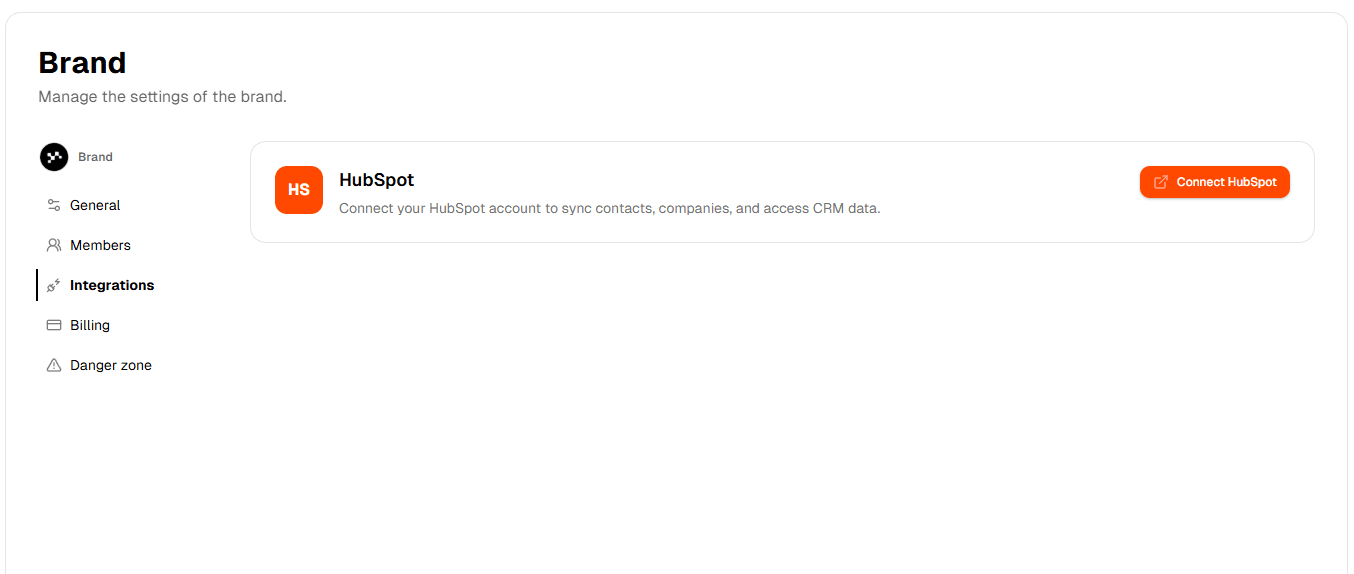 Factor8 Integrations settings page showing the HubSpot integration card